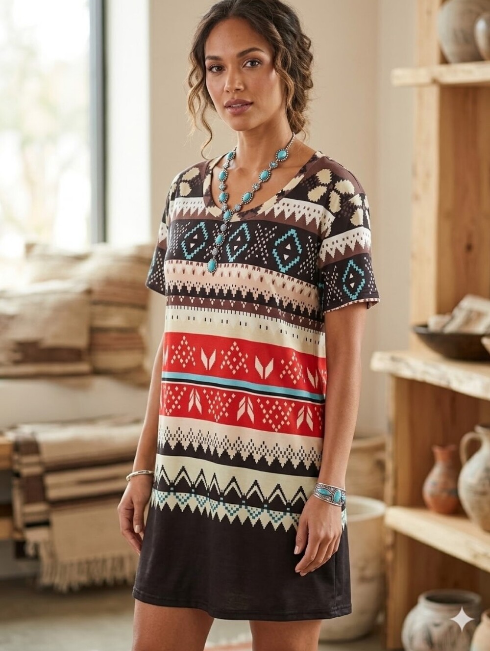 Boho Aztec Stripe Printed V-Neck Tunic Dress - Red Multi NWT